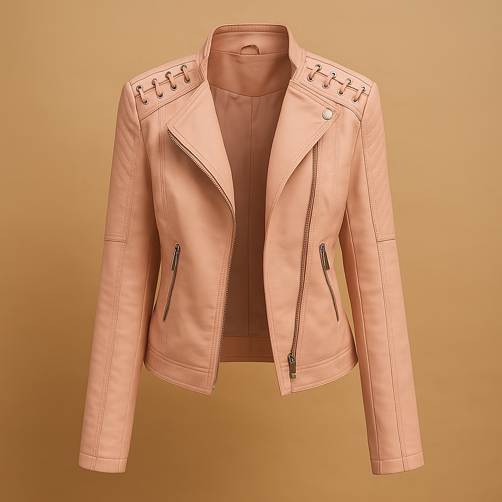Woman wearing a modern PU jacket for women with a regular fit, stand up collar, and silver zipper accents, styled for spring and autumn outfits.