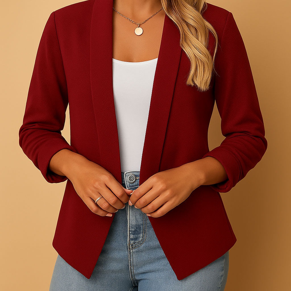 Open front women’s blazer with a flattering silhouette in timeless shades, ideal for work, business meetings, and casual chic outfits.