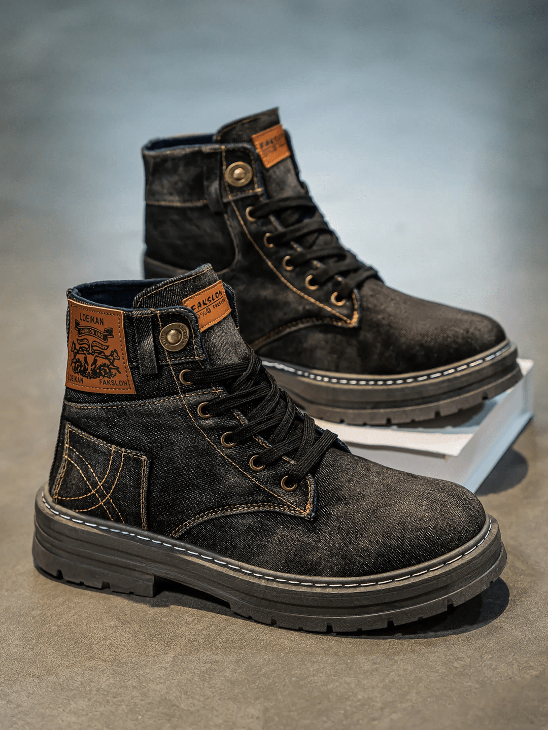 Men's Denim Lace-Up Boots Rugged Sole Blue
