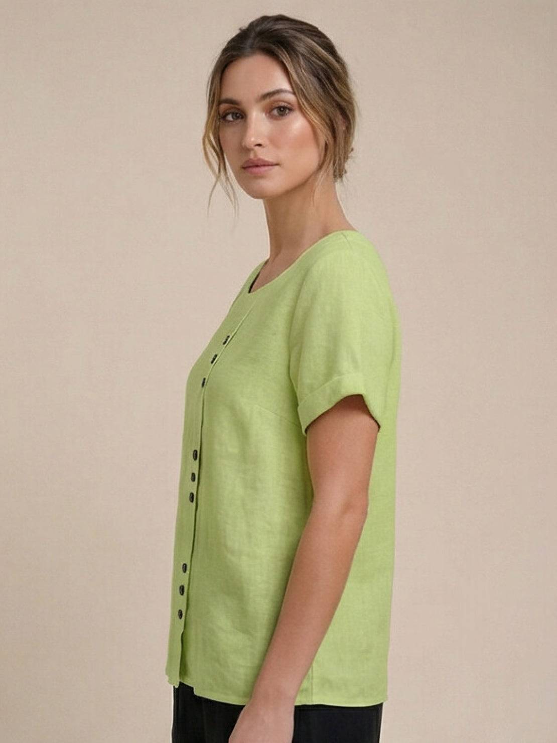 Foreen | Women's Casual Scoop Neck Button Detail Short Sleeve Top