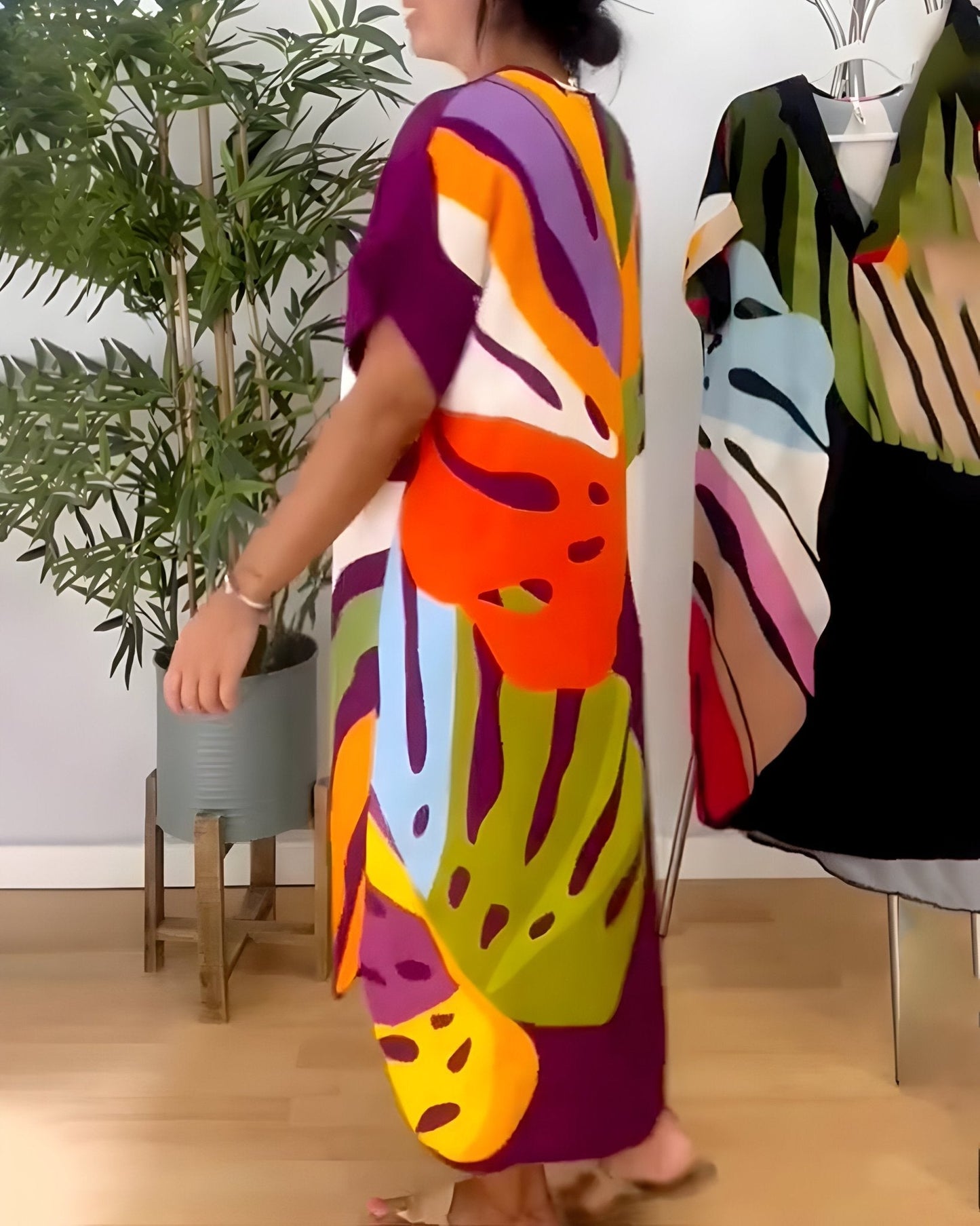 Women's V-Neck Abstract Print Midi Dress