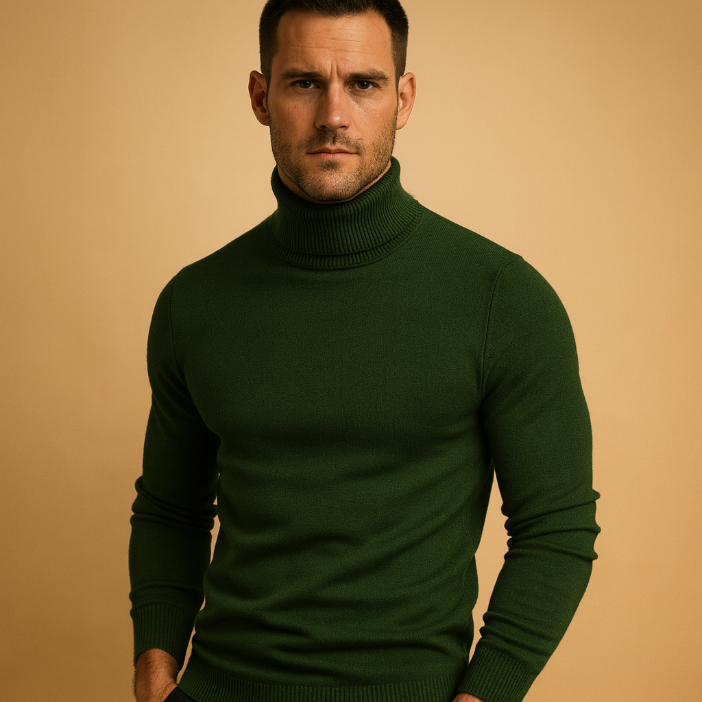 Men’s slim-fit turtleneck sweater with soft fabric and classic design, ideal for autumn and winter casual, work, or formal outfits.