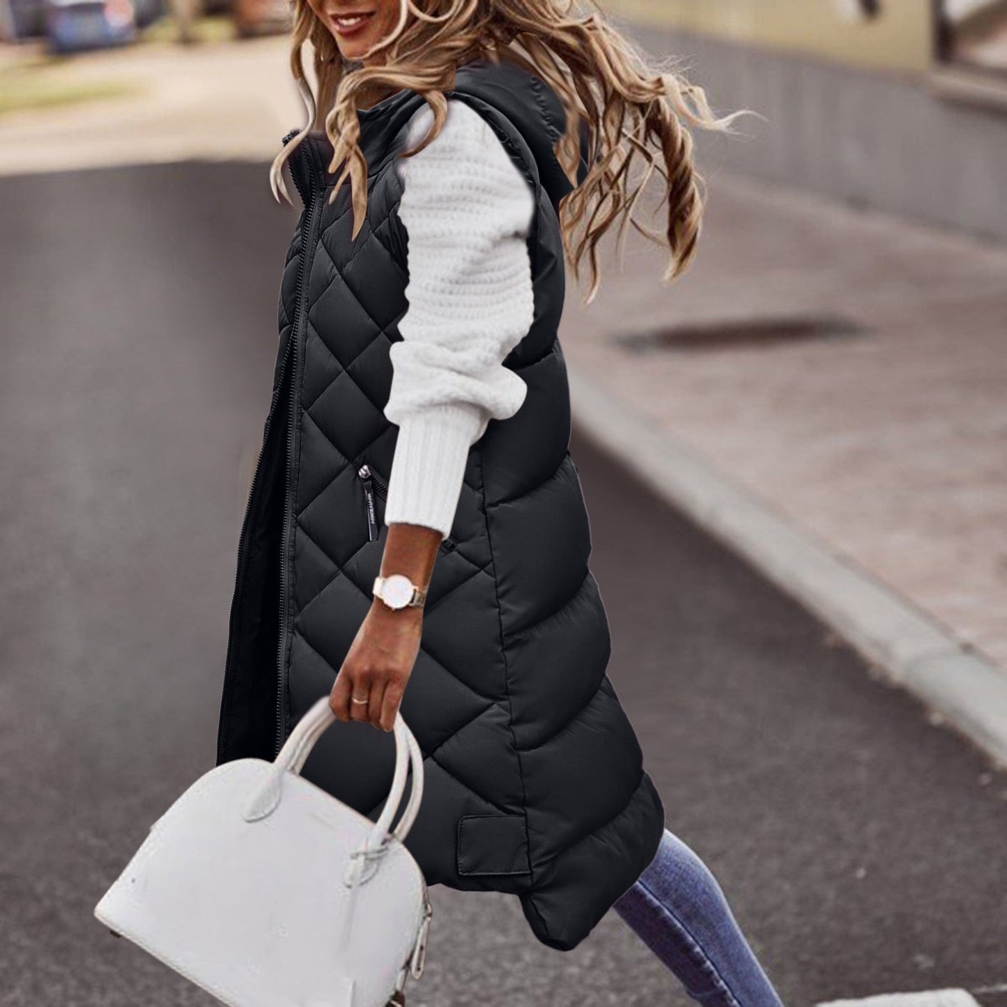 Women's Long Hooded Puffer Vest - Vonnera