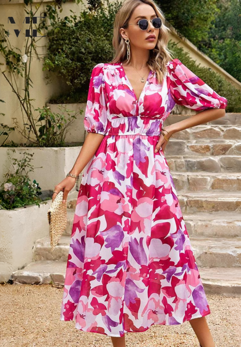 Women's V-Neck A-Line Midi Dress