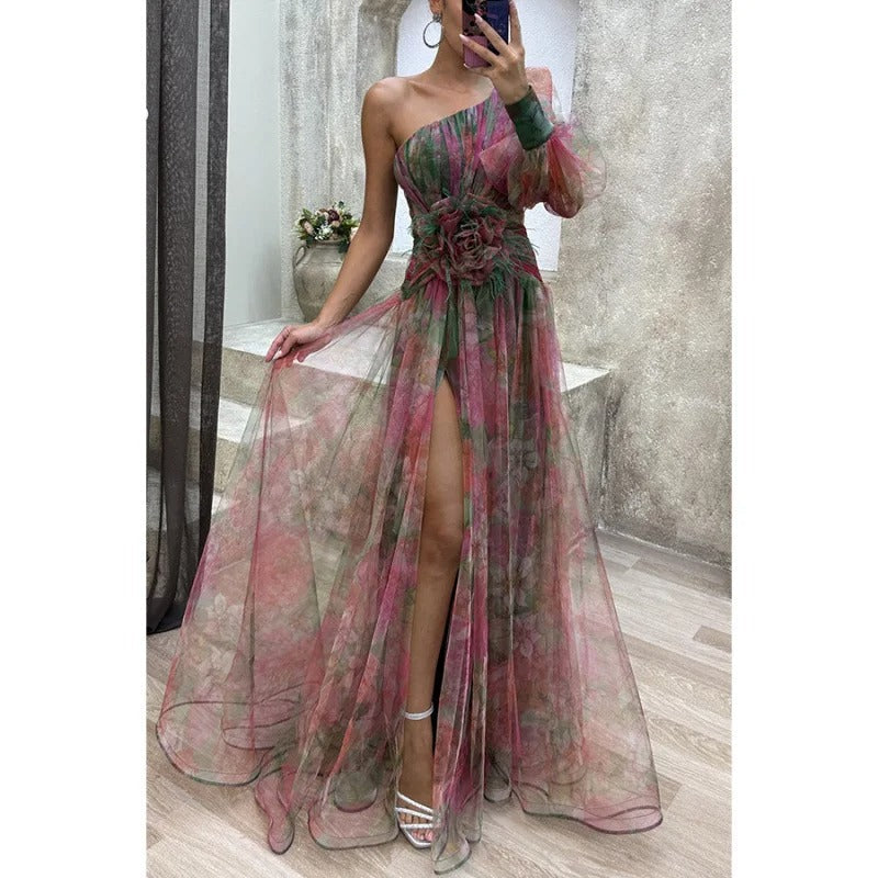 Elegant Women's Maxi Dress Sheer Floral White