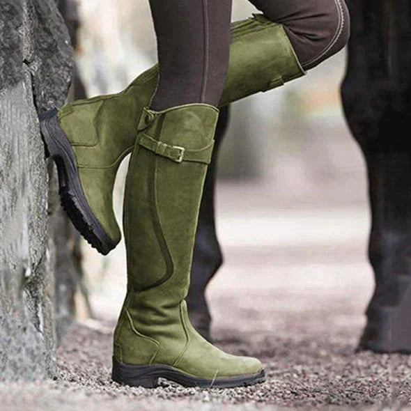 Women's Waterproof Knee-High Boots Non-Slip Sole Buckle Strap Black
