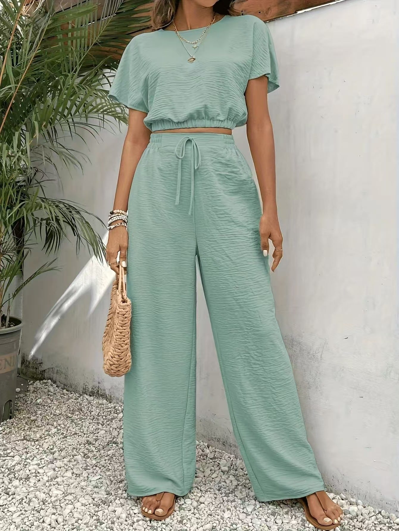 Women's Wide Leg Drawstring Pants Set