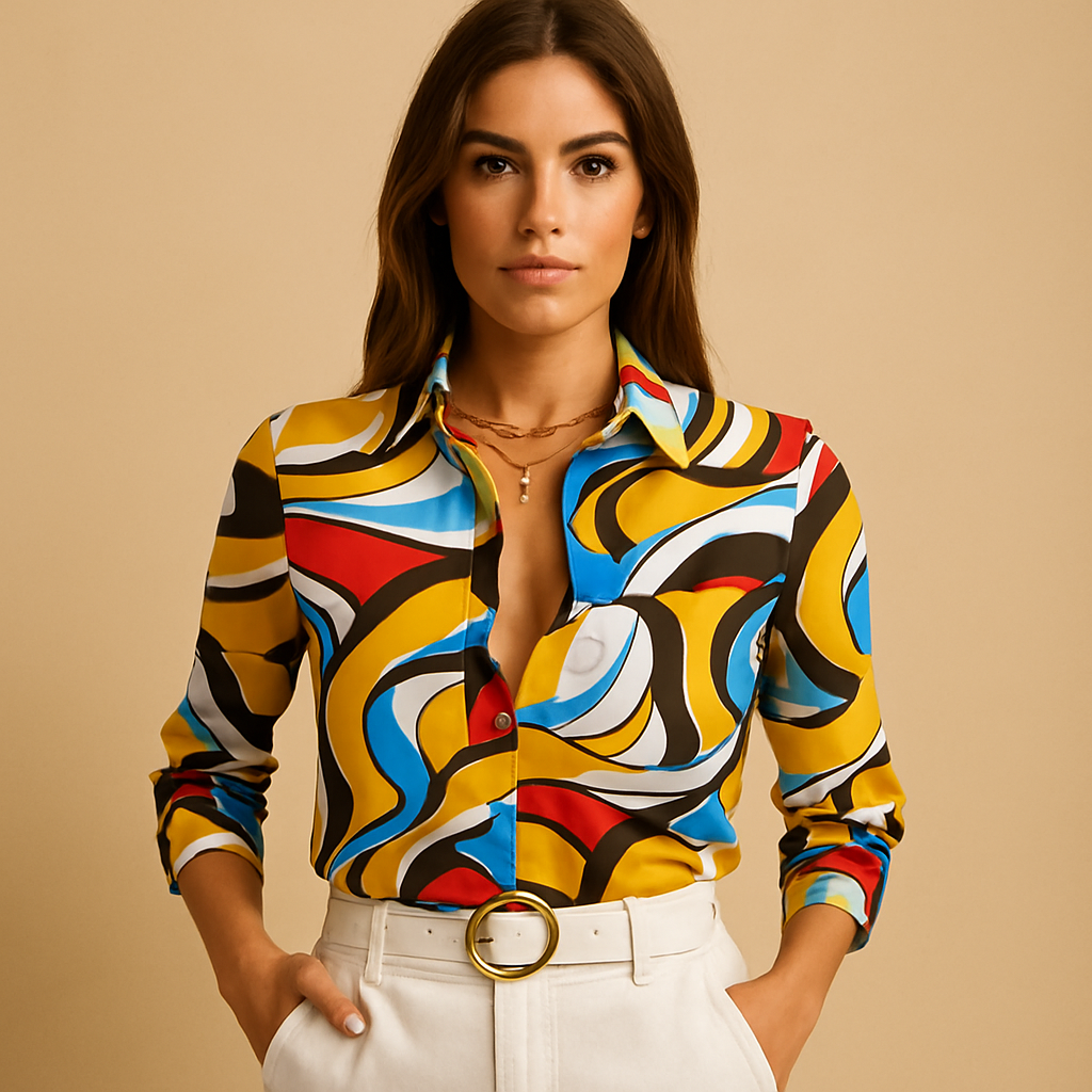 Women’s wrap-neck blouse with a bold print and loose fit, ideal for office wear, evenings out, and stylish daily outfits.
