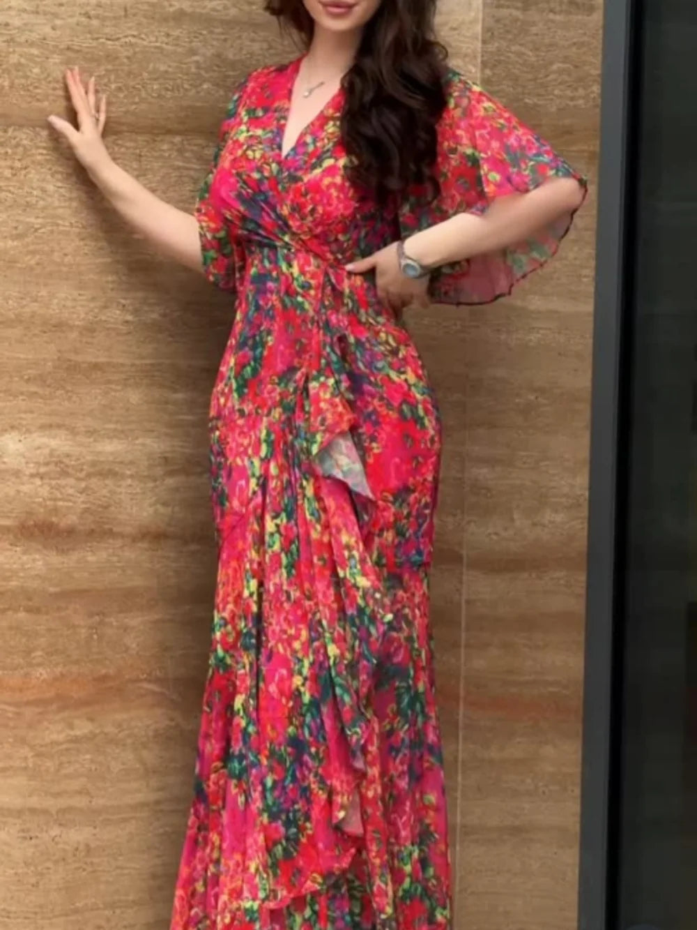 Women's V-Neck Maxi Dress Flowy