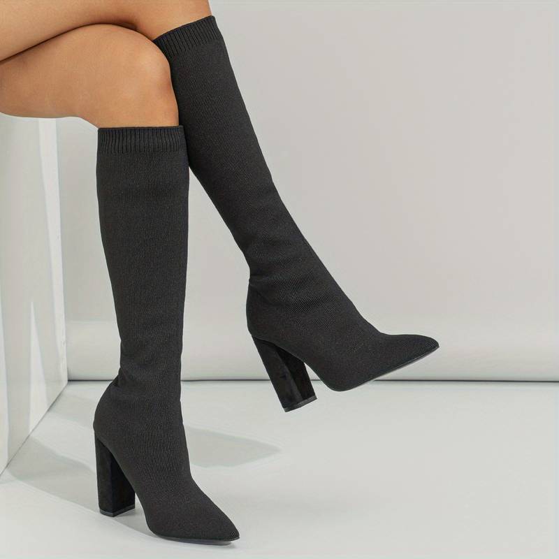 Women's Knitted Sock Boots Ribbed Pointed Toe Knee-Length - Vonnera