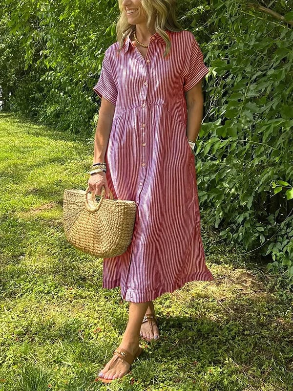 Women's Casual Midi Dress Short Sleeve Button Front
