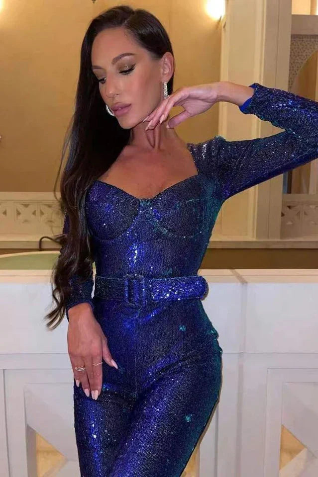 Women's Sequin Jumpsuit Corset Flared Legs