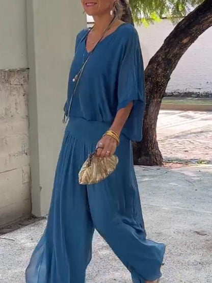 Women's V-Neck Jumpsuit Wide Leg Batwing Sleeve Olive