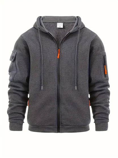 Men's Zip-Up Hoodie Cotton Drawstring Hood Functional Pockets