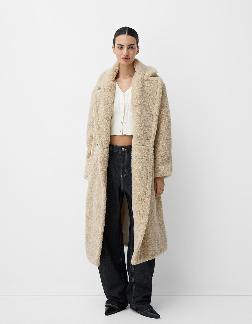 Women's Teddy Fur Oversized Winter Coat Lapel Collar Button Front