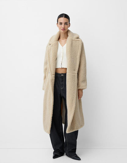 Women's Teddy Fur Oversized Winter Coat Lapel Collar Button Front