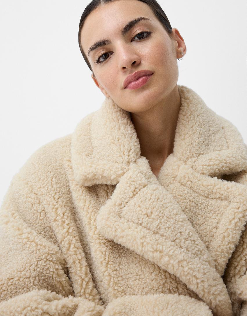 Women's Teddy Fur Oversized Winter Coat Lapel Collar Button Front