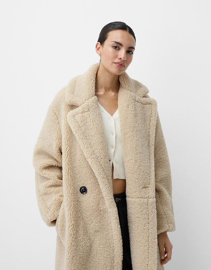 Women's Teddy Fur Oversized Winter Coat Lapel Collar Button Front - Vonnera