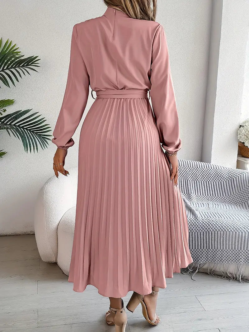 Women's Pleated Midi Dress Belted Waist