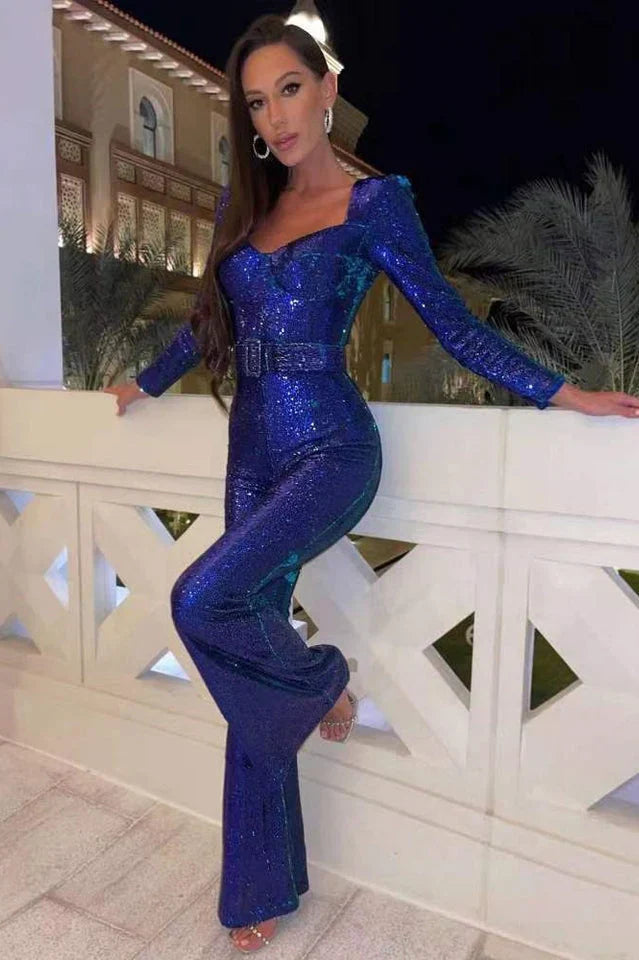 Women's Sequin Jumpsuit Corset Flared Legs