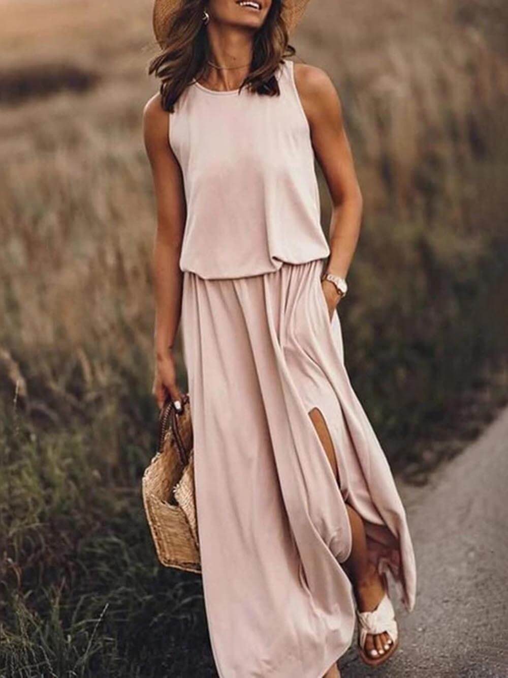 Women's Sleeveless Slit Dress Loose Fit Cotton Breezy Rose - Vonnera