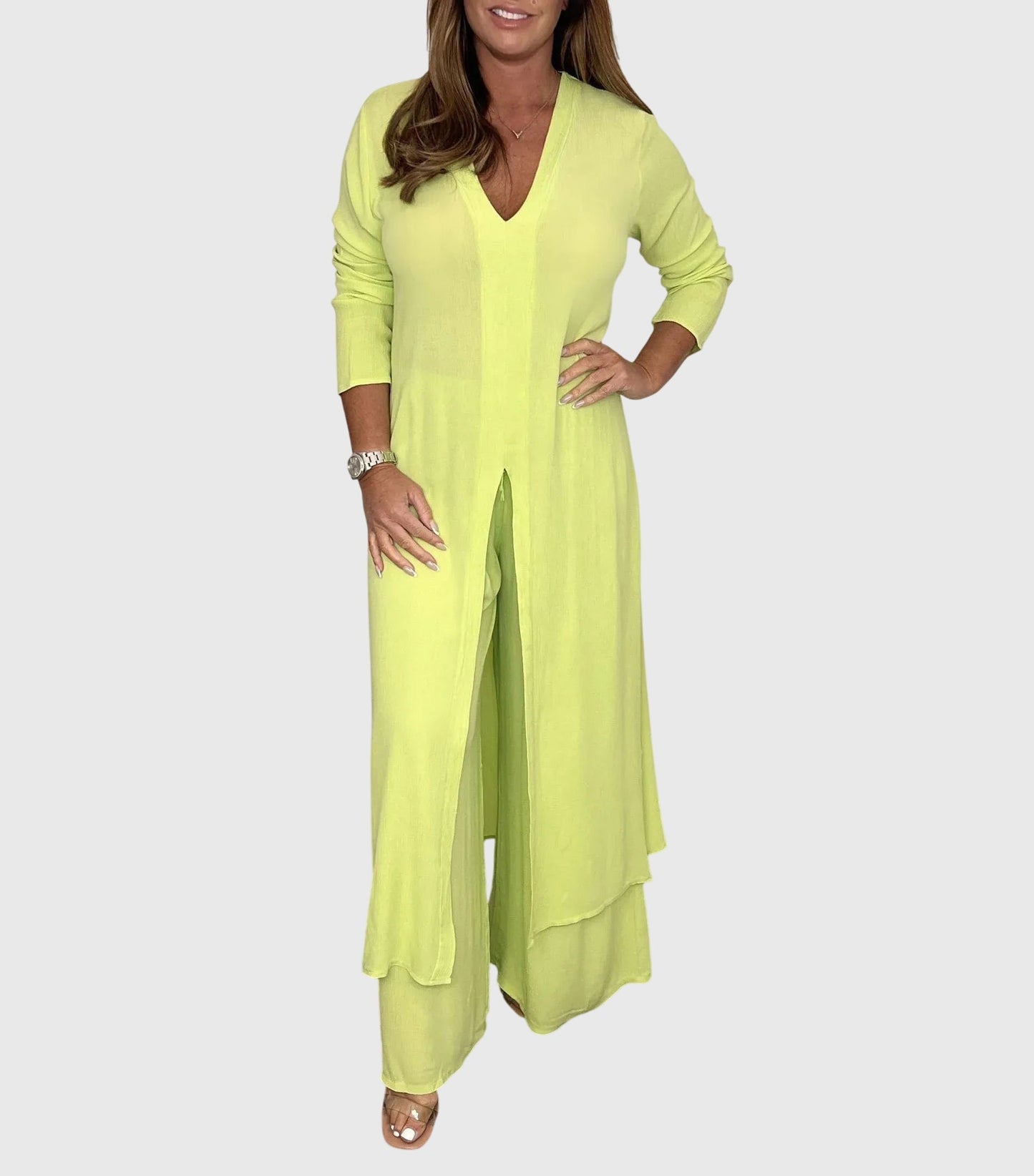 Women's Two-Piece Duster Cardigan Set Wide Leg Pants