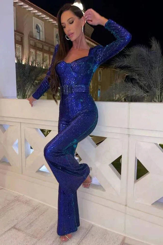 Women's Sequin Jumpsuit Corset Flared Legs