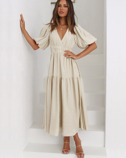 Noelle Women's V-Neck Midi Dress Puff Sleeve Smocked Waist