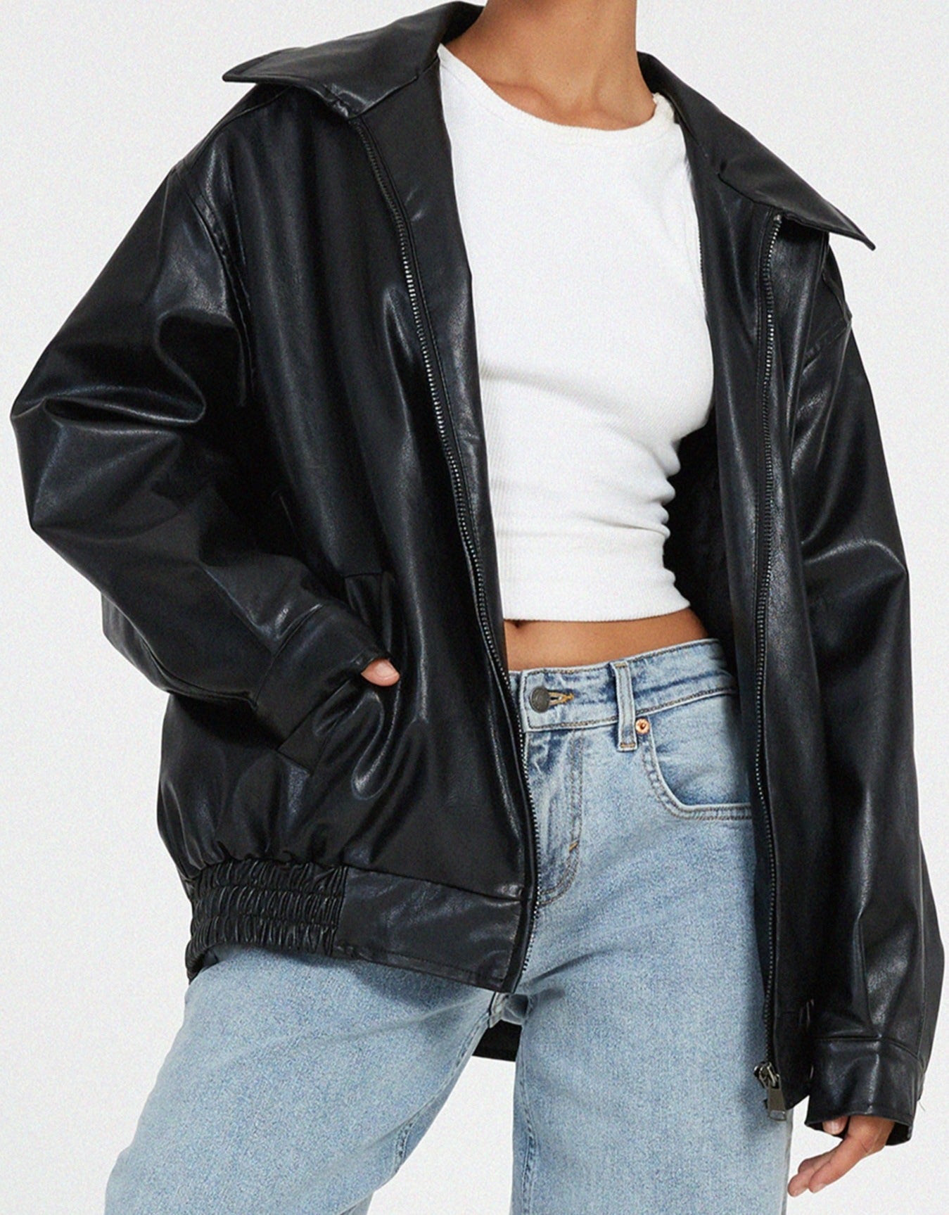 Women's Leather Zip-Up Jacket Relaxed Fit High Collar Black