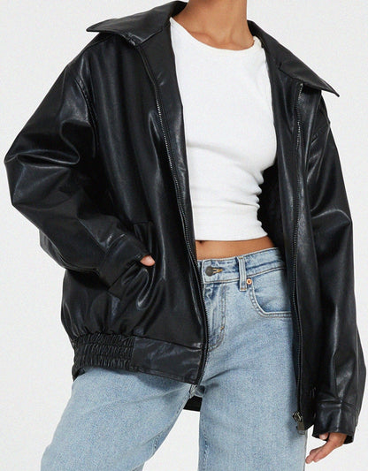Women's Leather Zip-Up Jacket Relaxed Fit High Collar Black