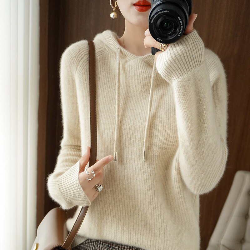 Leslie Women's Cashmere Hooded Sweater Autumn Beige - Vonnera
