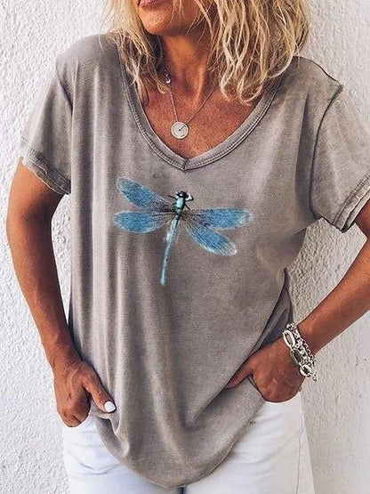 Women's V-Neck Short Sleeve Tee Dragonfly Print Casual
