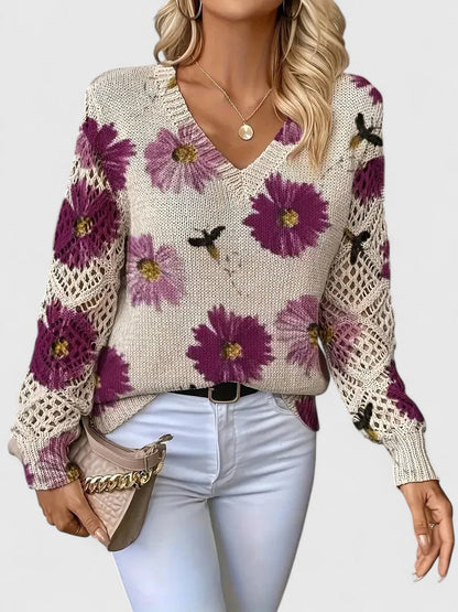 Women's V-Neck Crochet Sweater Floral