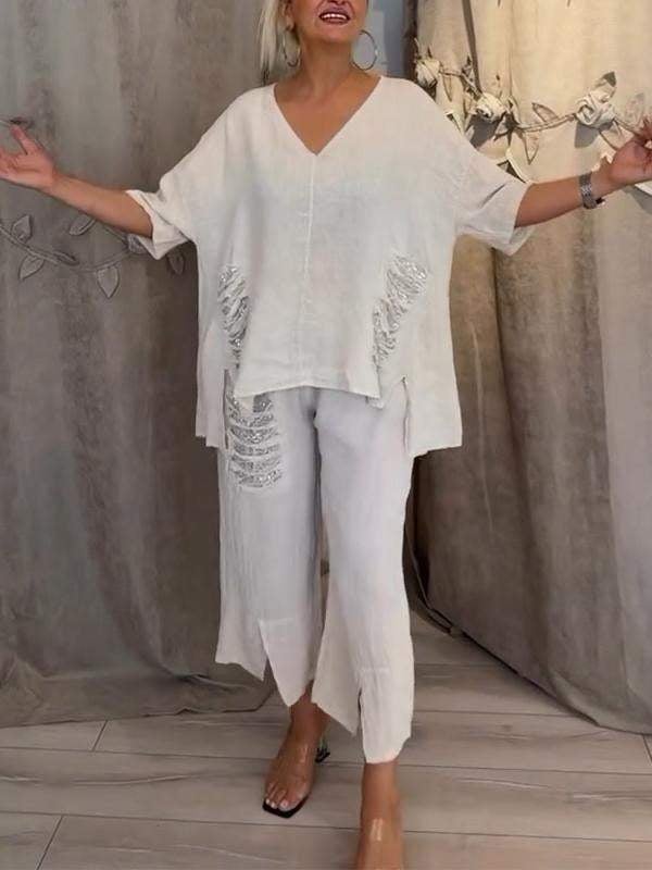Women's 2 Piece V-Neck And Cropped Pants Set - Vonnera