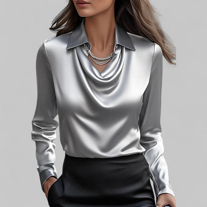Women's Satin Blouse Long Sleeve Draped Neck