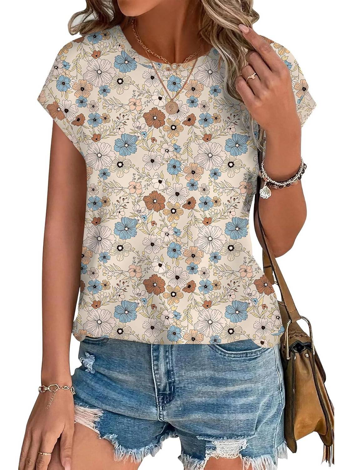 Women's Crew Neck Cap Sleeve Leaf Print Casual