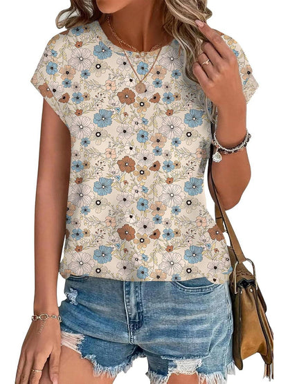 Women's Crew Neck Cap Sleeve Leaf Print Casual