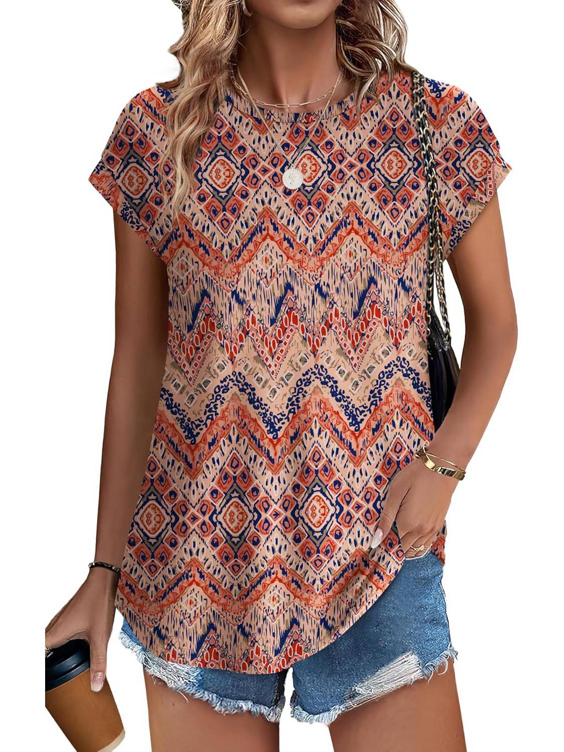 Women's Crew Neck Cap Sleeve Leaf Print Casual