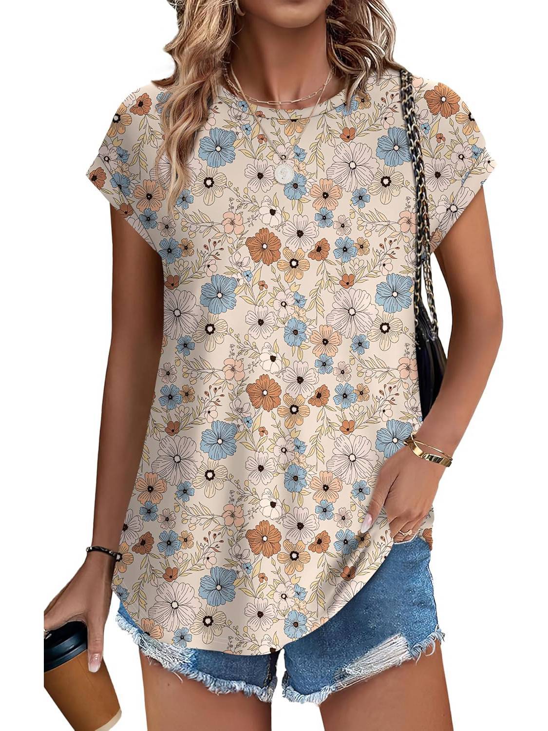 Women's Crew Neck Cap Sleeve Leaf Print Casual