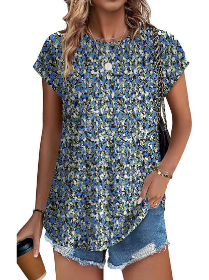 Women's Crew Neck Cap Sleeve Leaf Print Casual