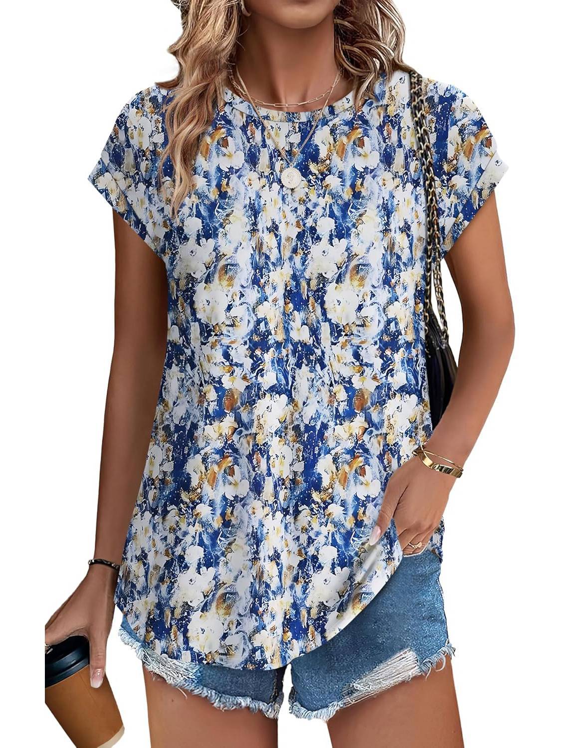 Women's Crew Neck Cap Sleeve Leaf Print Casual