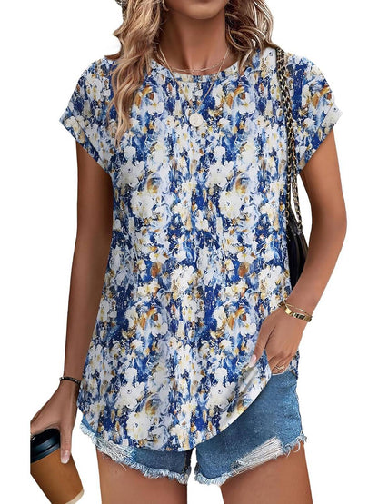 Women's Crew Neck Cap Sleeve Leaf Print Casual
