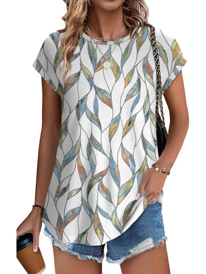 Women's Crew Neck Cap Sleeve Leaf Print Casual - Vonnera