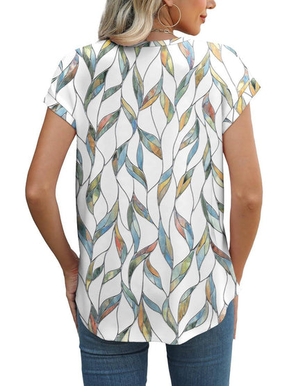 Women's Crew Neck Cap Sleeve Leaf Print Casual