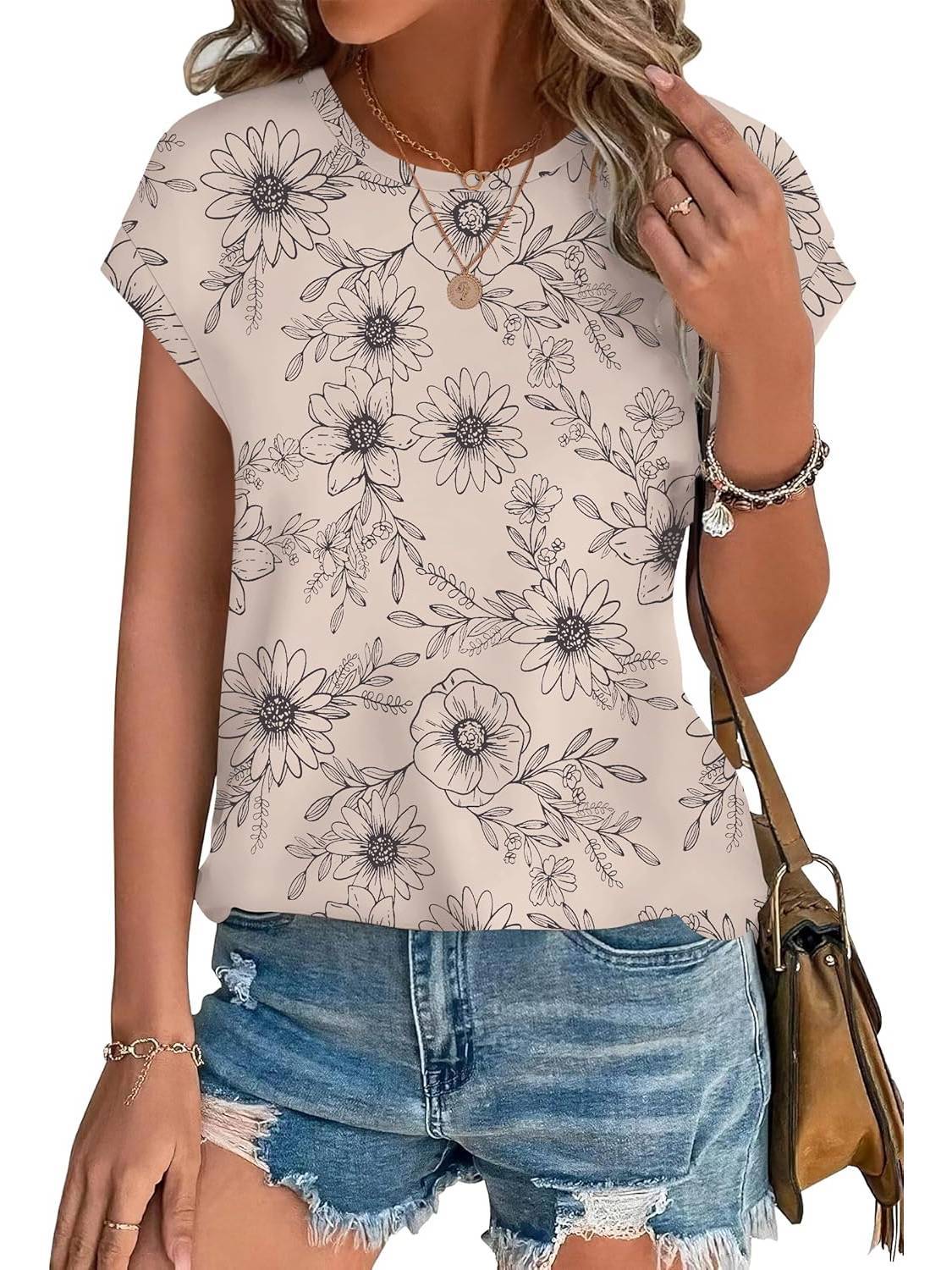 Women's Crew Neck Cap Sleeve Leaf Print Casual