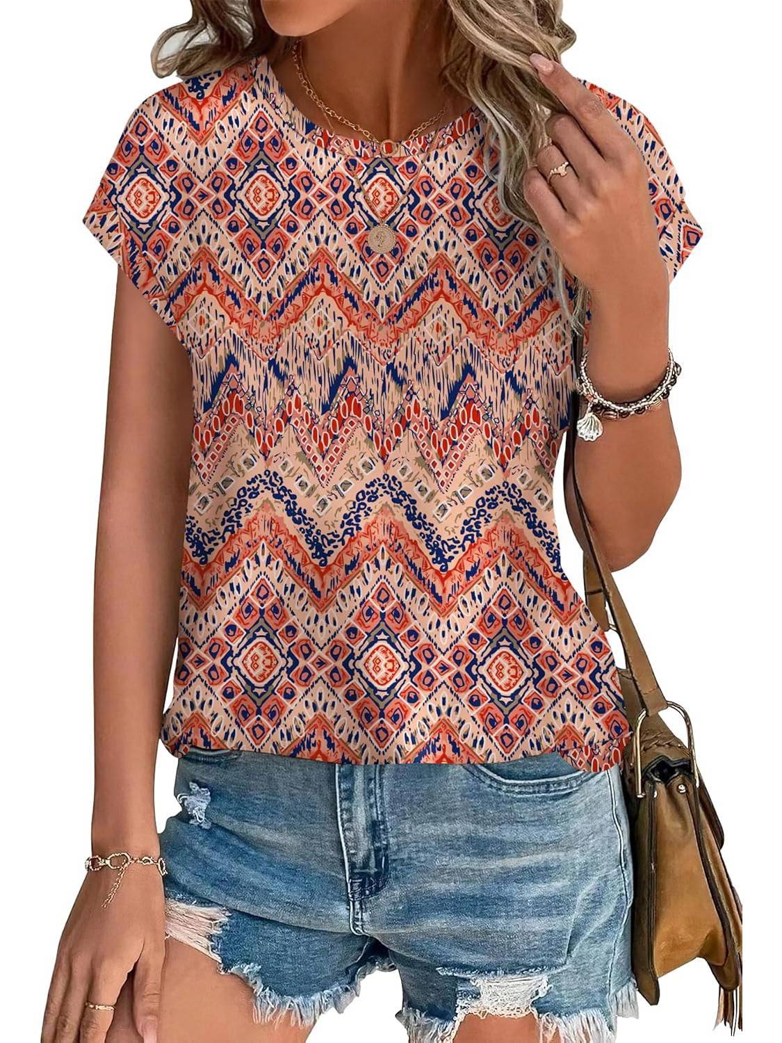 Women's Crew Neck Cap Sleeve Leaf Print Casual