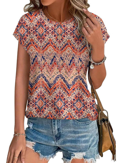 Women's Crew Neck Cap Sleeve Leaf Print Casual