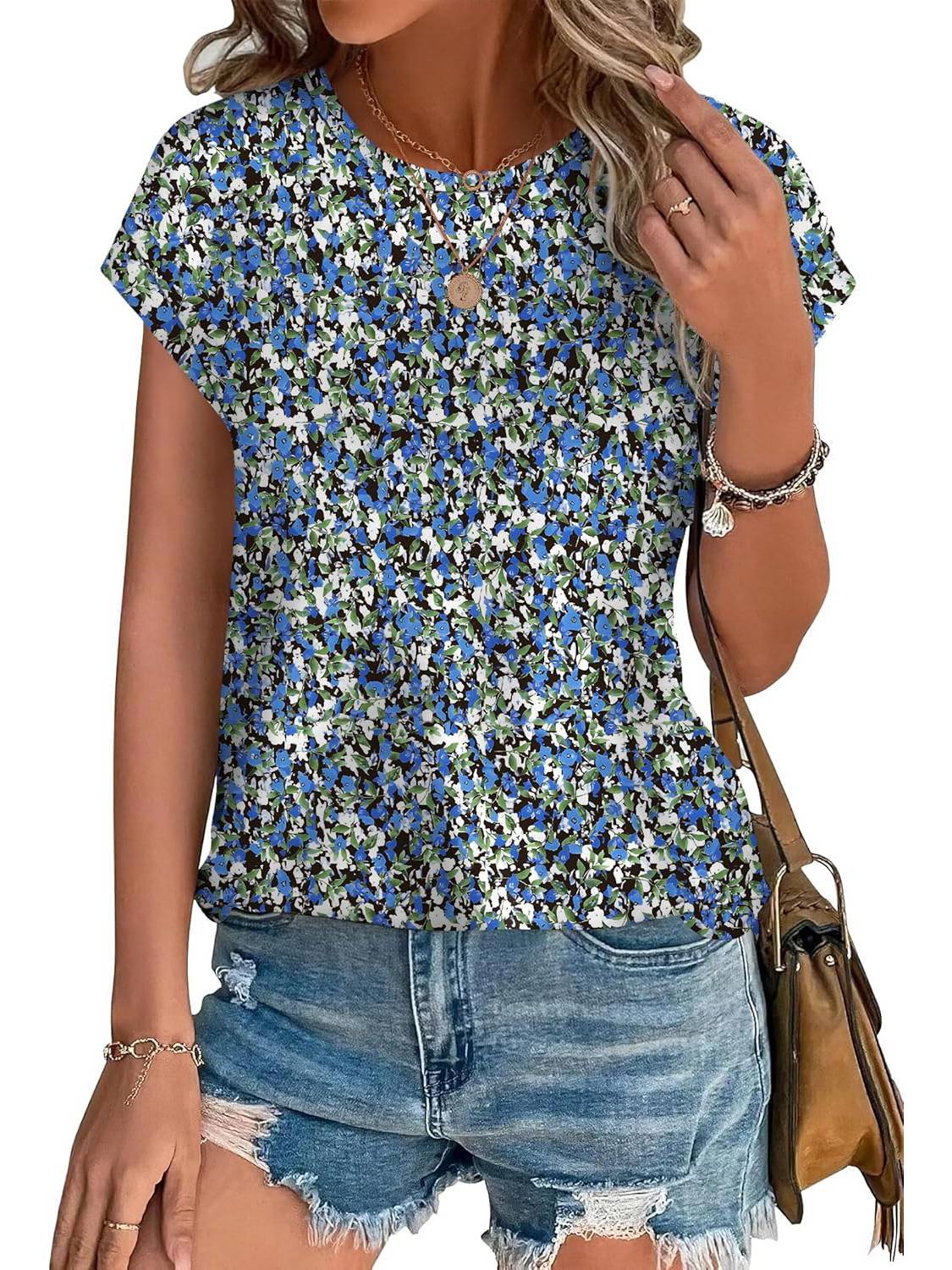 Women's Crew Neck Cap Sleeve Leaf Print Casual
