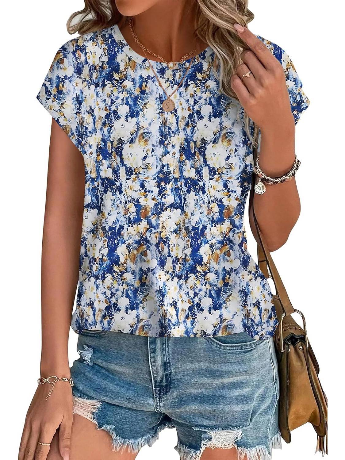 Women's Crew Neck Cap Sleeve Leaf Print Casual