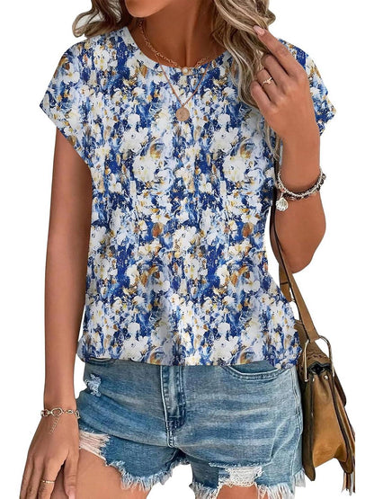 Women's Crew Neck Cap Sleeve Leaf Print Casual